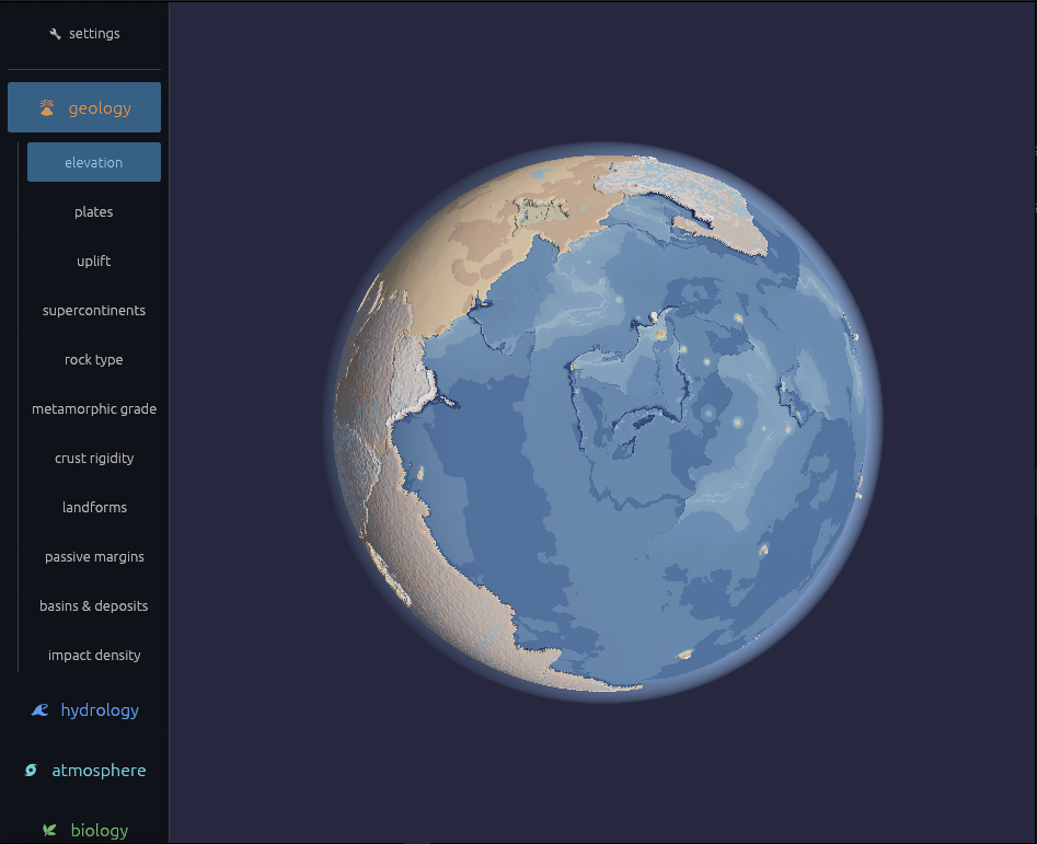 The Kano world builder: a stylized generated planet beside its layer strip — geology, hydrology, atmosphere, biology