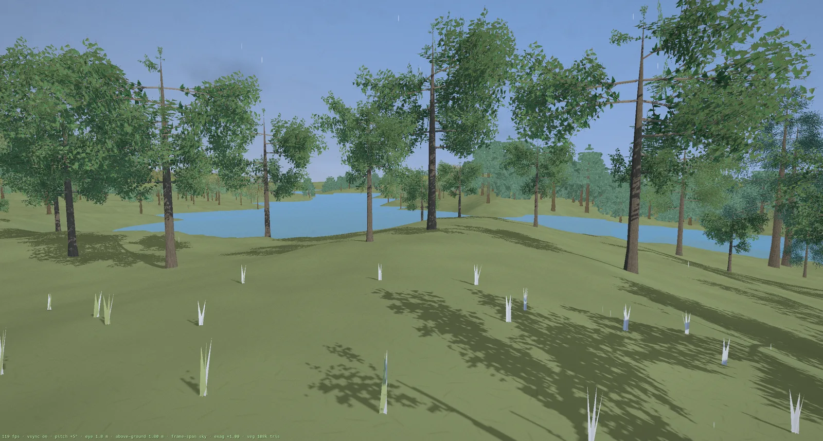 Hīkoi — a lakeside stand of trees at midday, the debug bar reading 119 fps